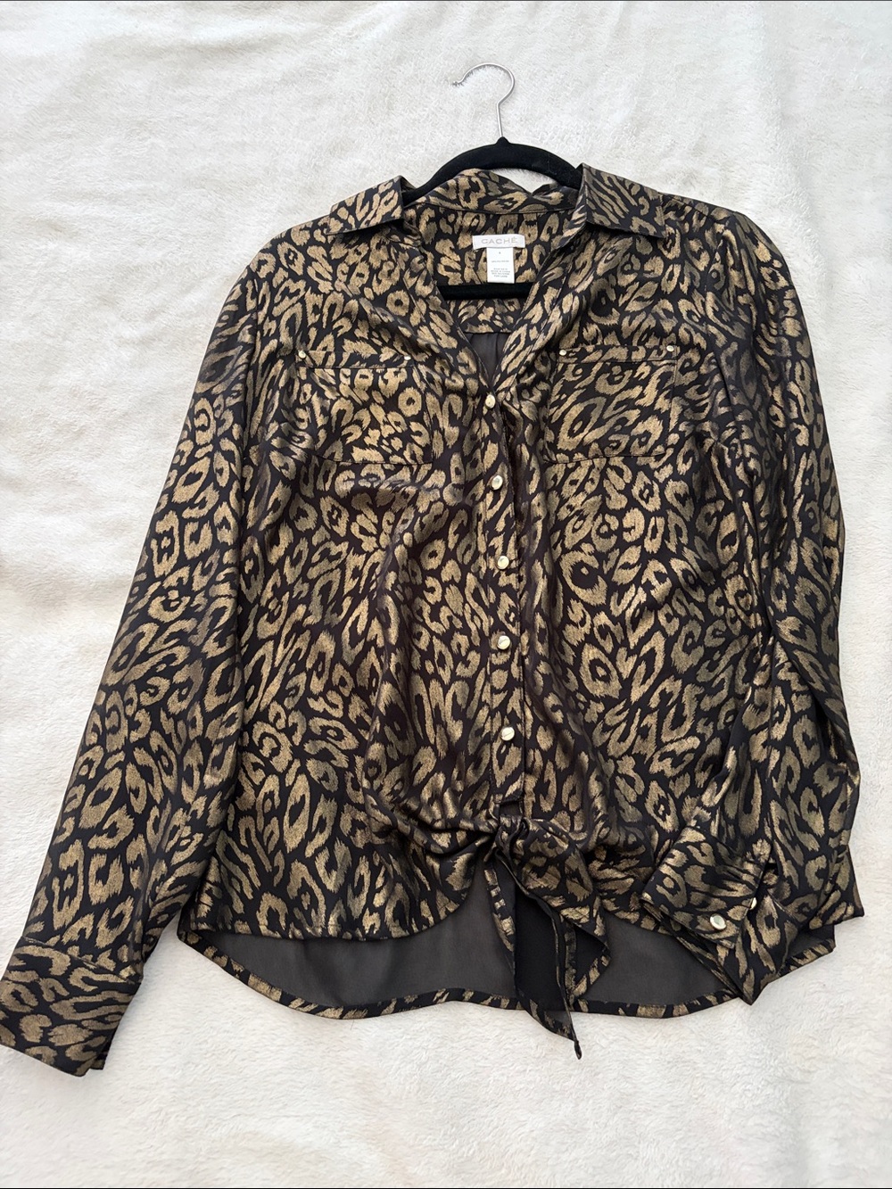Cache Leopard Print Tie-Front Button Shirt - Black & Gold